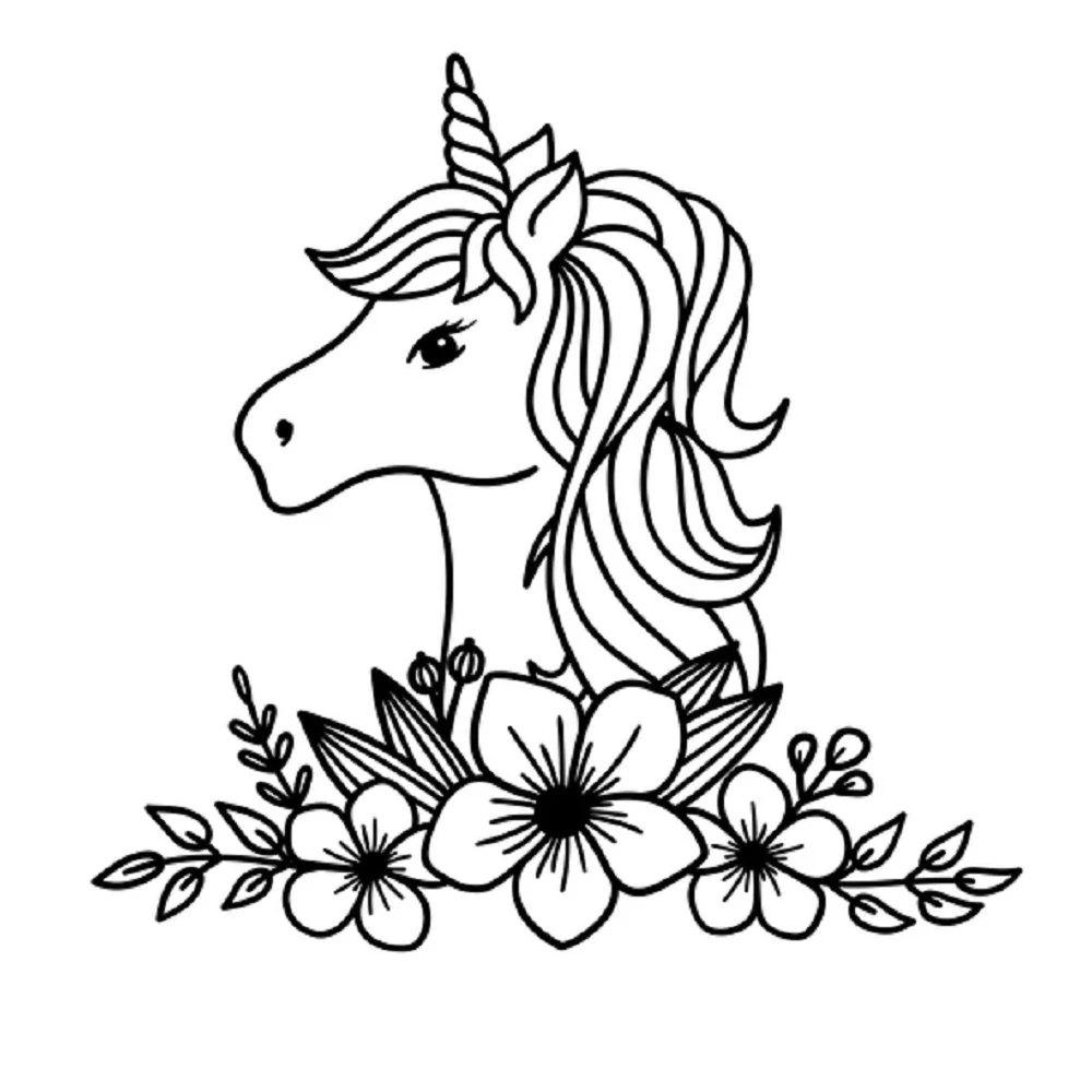 Floral Unicorn Outline Fabric Panel - White