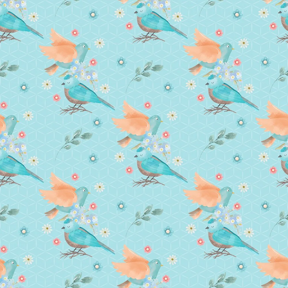 Flying Birds & Flowers Fabric - Blue