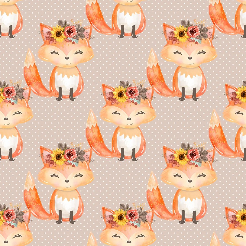 Fox & Floral Crown Fabric - Tan