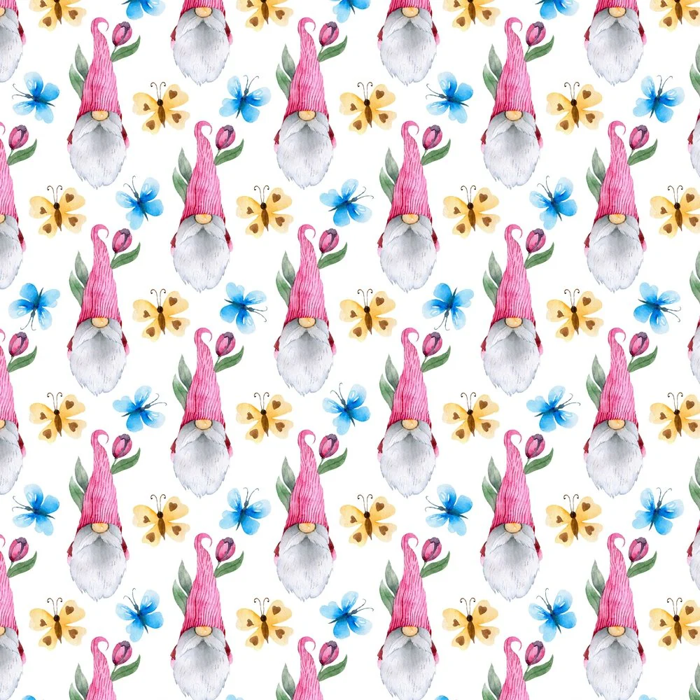 Gnome And Butterflies Fabric - White