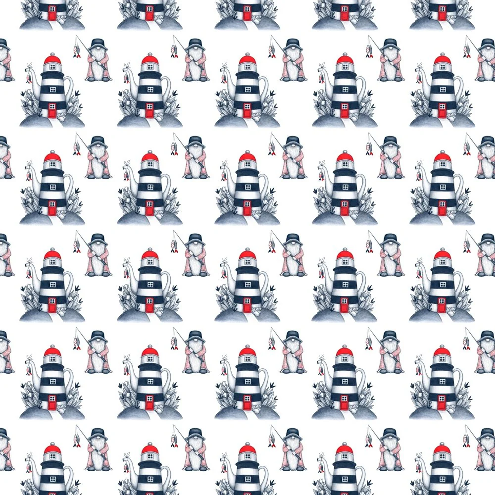 Gnome At Sea Fabric - White