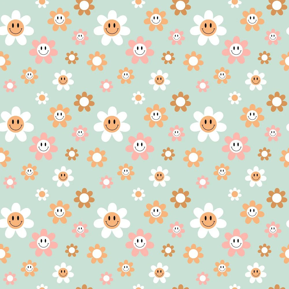 Groovy Smiley Flowers Fabric - Green