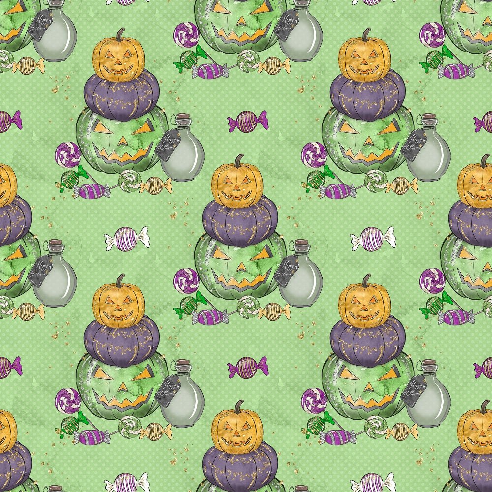 Halloween Candy Stacked Pumpkins Fabric - Green