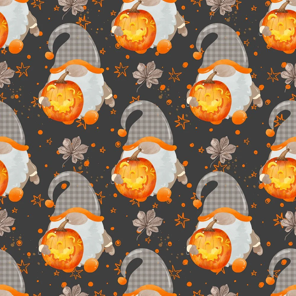 Halloween Gnomes Holding Pumpkins Fabric - Gray