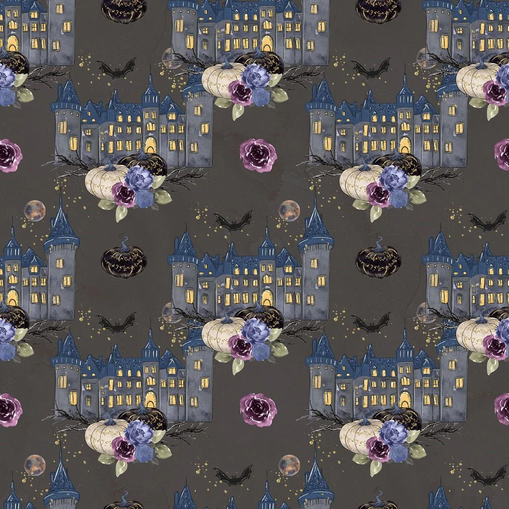Halloween Night Castle Fabric - Gray