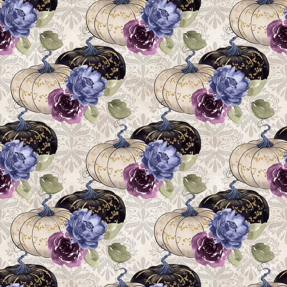 Halloween Night Pumpkins on Damask Fabric