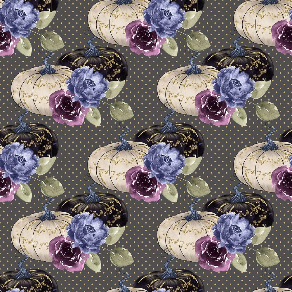 Halloween Night Pumpkins on Dots Fabric - Gray
