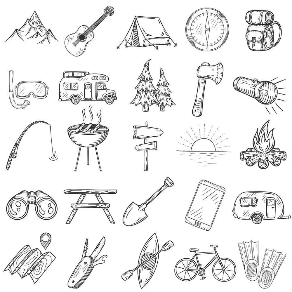 Hand Drawn Camping Icons Fabric