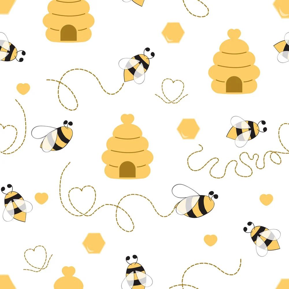 Hand Drawn Cartoon Bee Hut Fabric - White