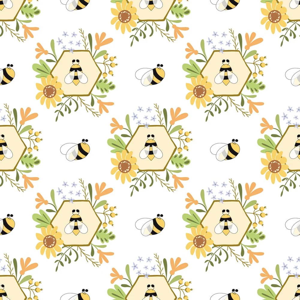 Hand Drawn Cartoon Honeycomb Fabric - White