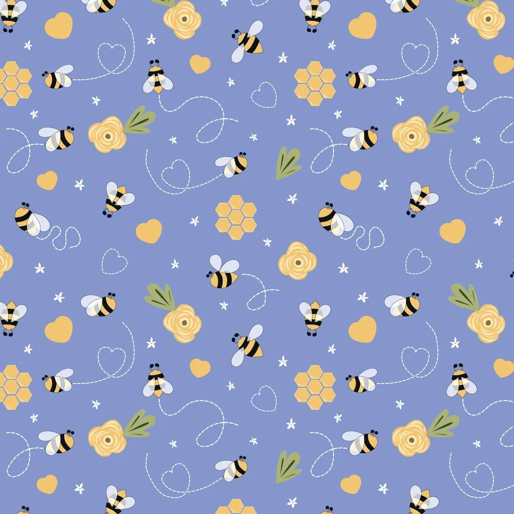Hand Drawn Cartoon Spring Bee Fabric - Blue
