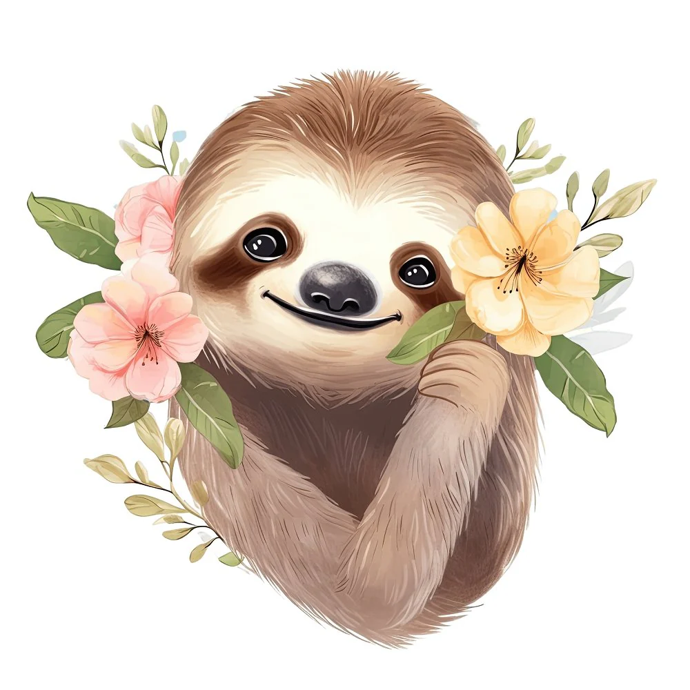 Hand Drawn Sloths Portrait #4 Fabric Panel