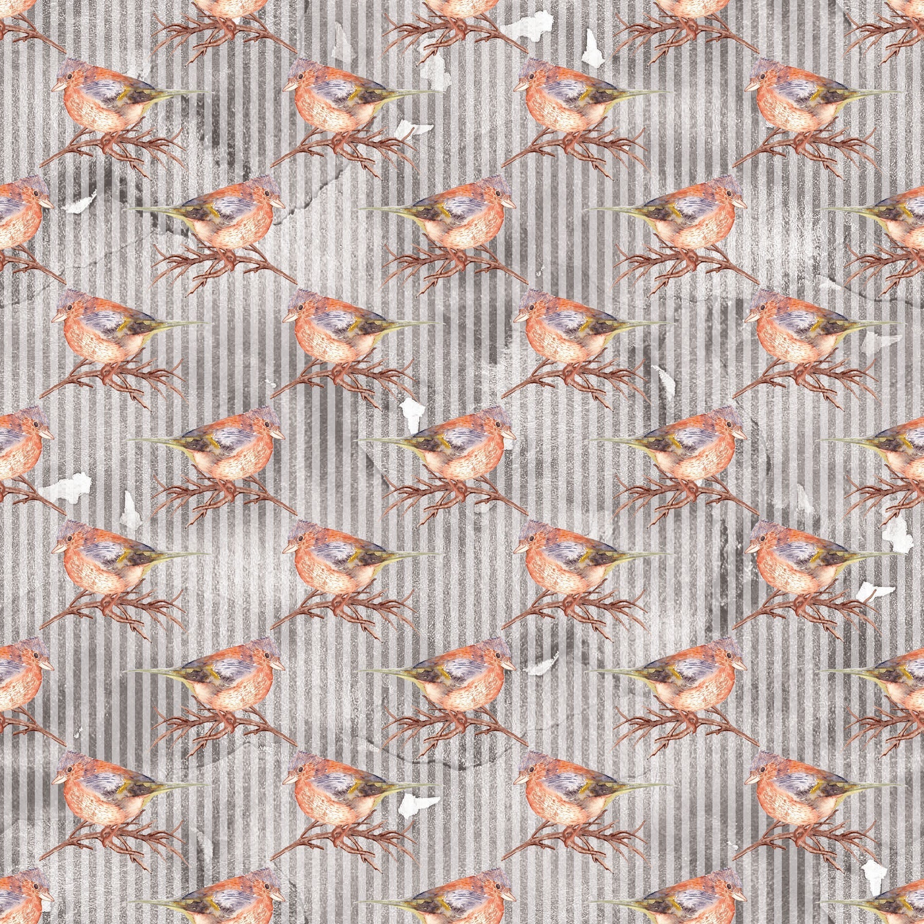 Happy Fall Birds on Gray Stripes Fabric