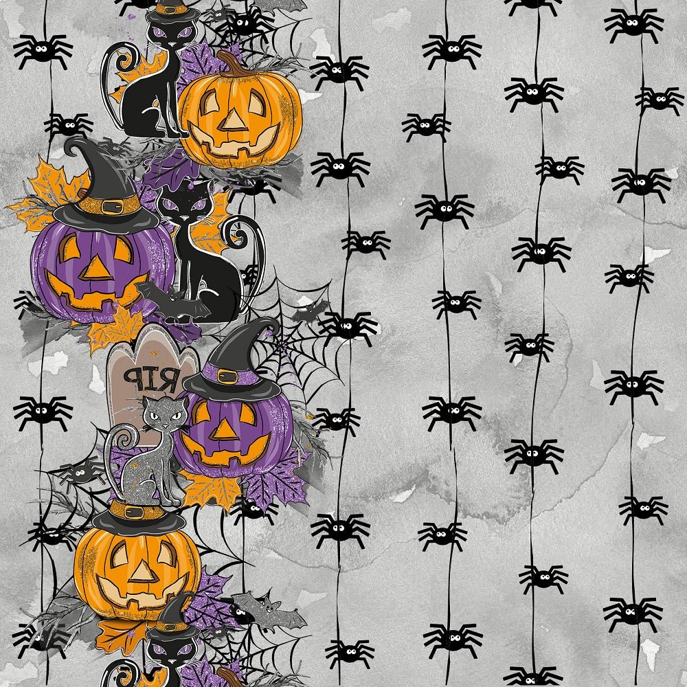 Happy Halloween Stripes Fabric - Gray