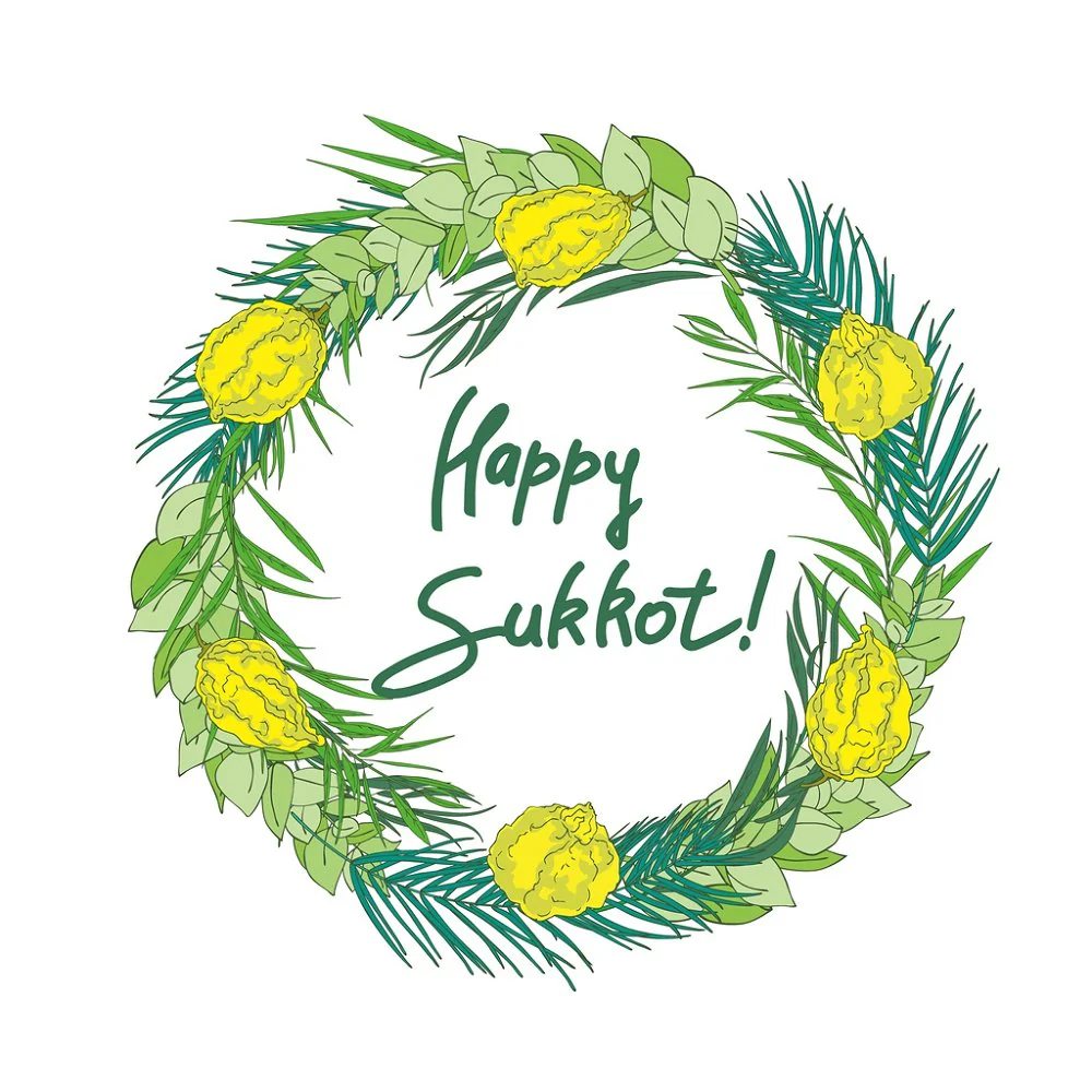 Happy Sukkot Wreath Fabric Panel - Green