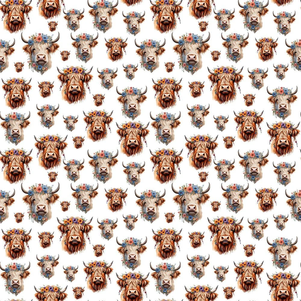 Highland Cows & Flower Crowns Fabric - White