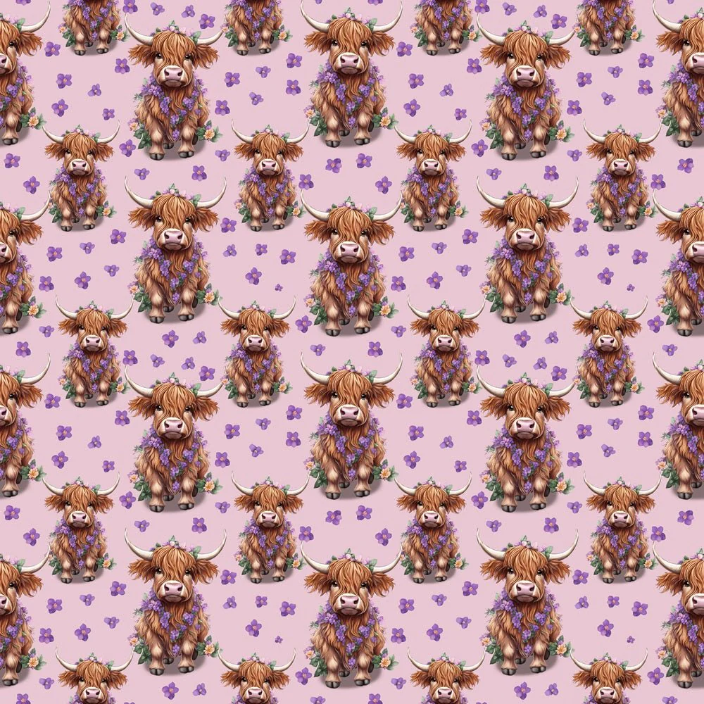 Highland Cows & Flower Necklaces Fabric - Pink