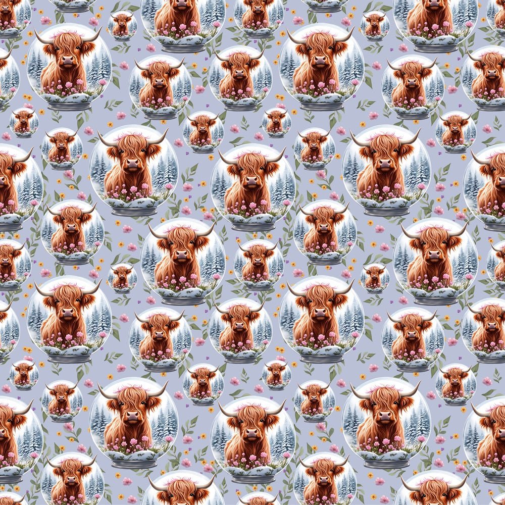 Highland Cows & Flowers In Globe Fabric - Multi