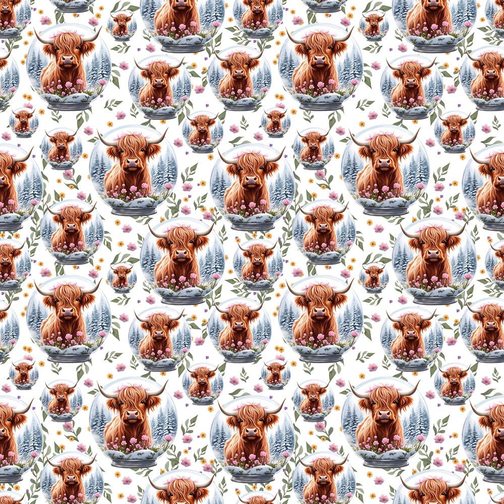 Highland Cows & Flowers In Globe Fabric - White
