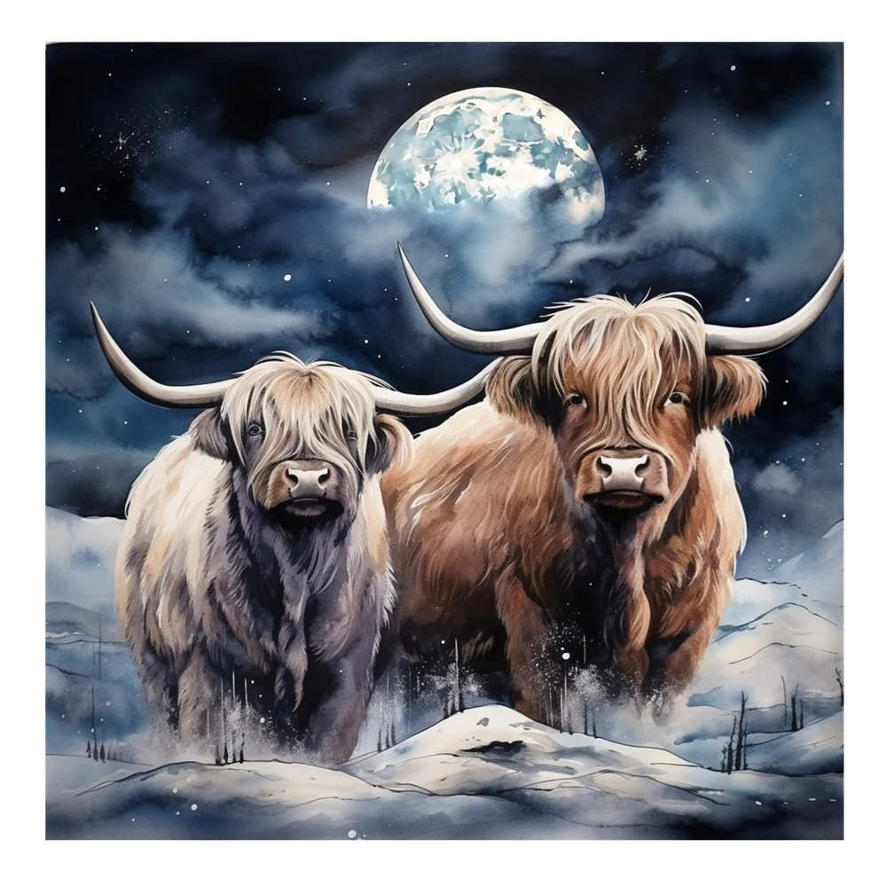Highland Cows In The Moonlight #2 Fabric Panel