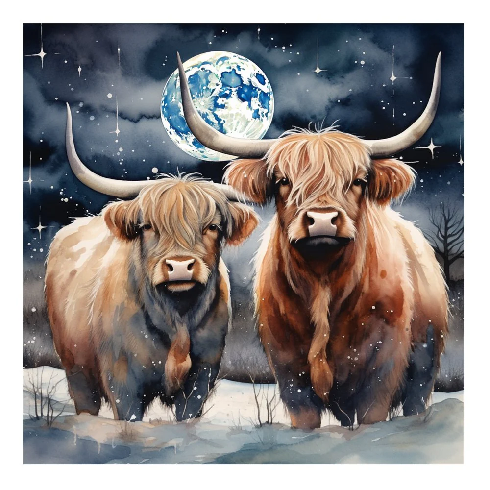 Highland Cows In The Moonlight #3 Fabric Panel