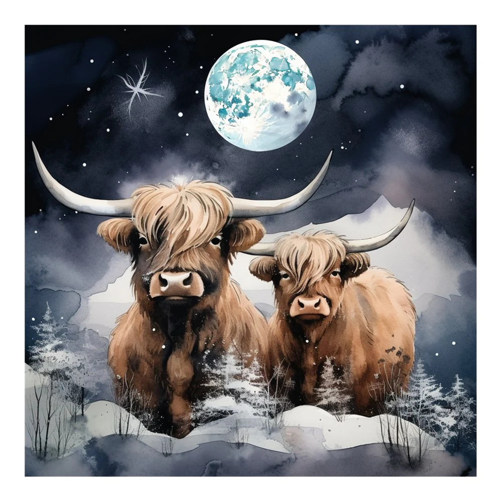 Highland Cows In The Moonlight #6 Fabric Panel