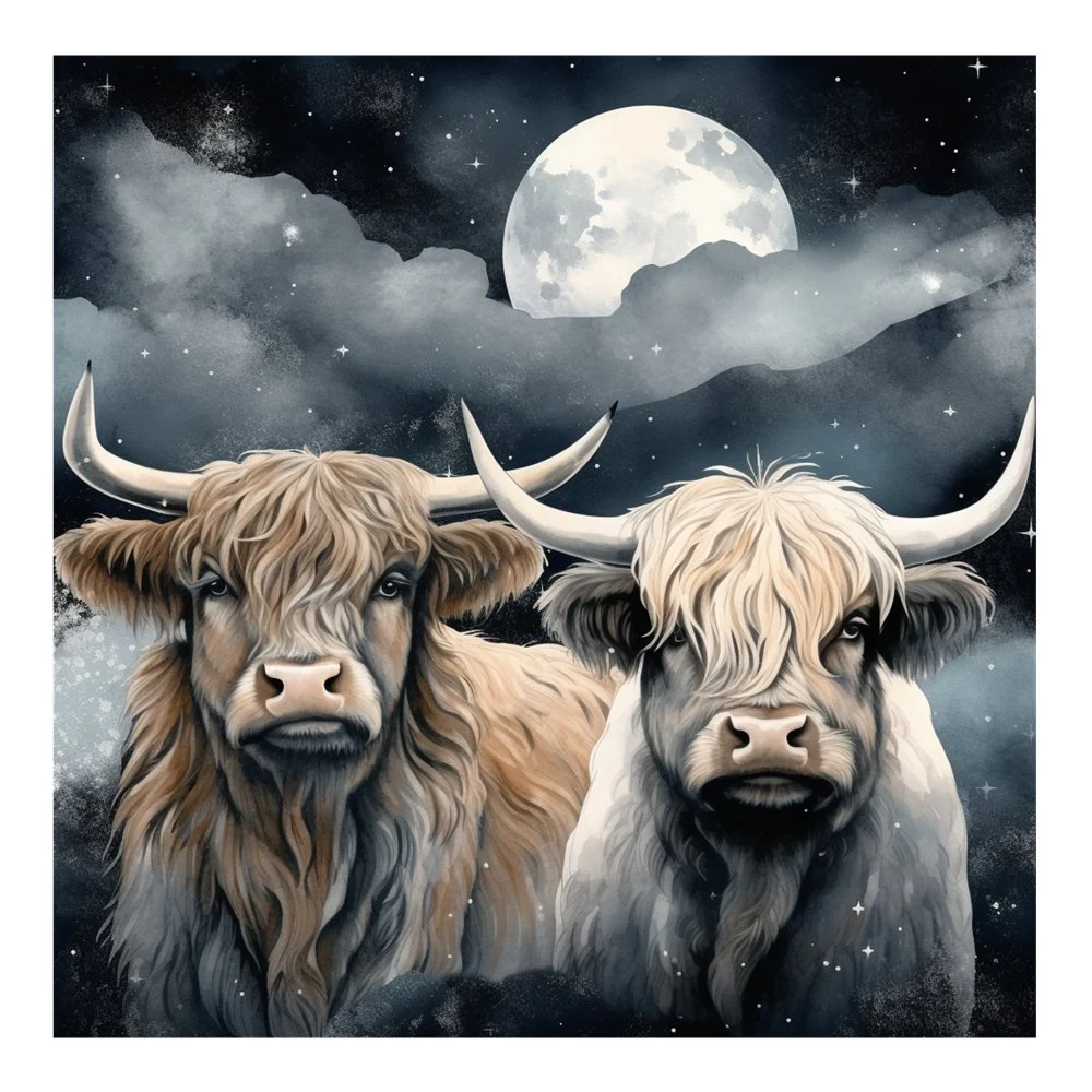 Highland Cows In The Moonlight #8 Fabric Panel