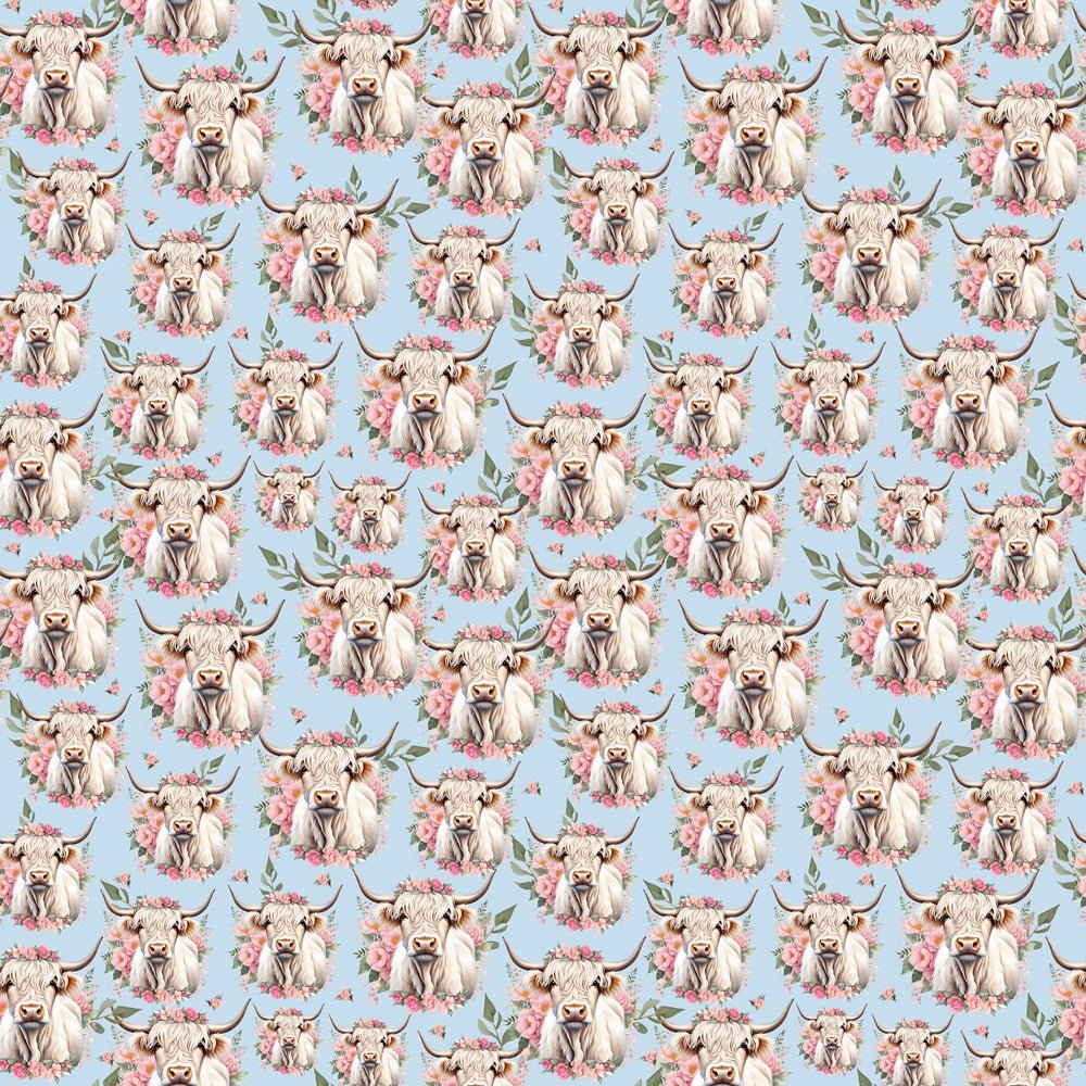 Highland Cows & Pink Flowers Fabric