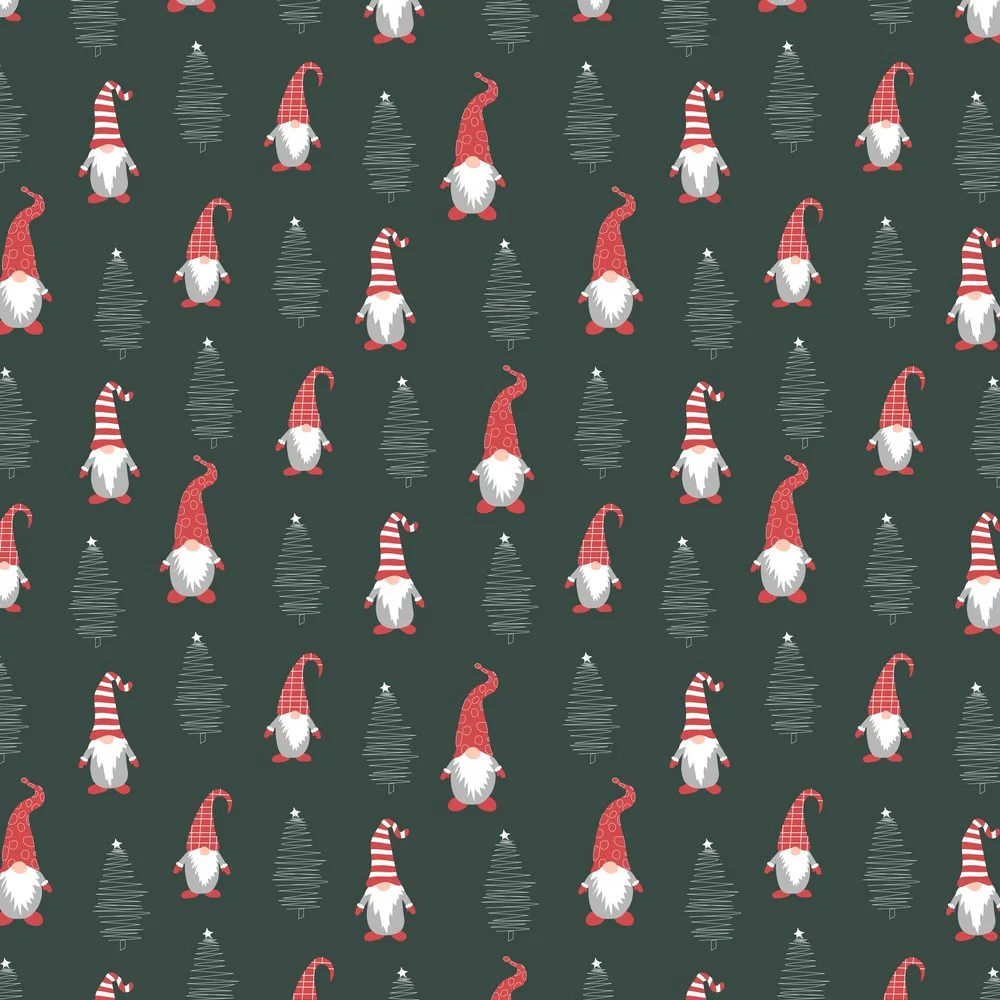 Holiday Gnomes, Hand Drawn Trees Fabric - Black