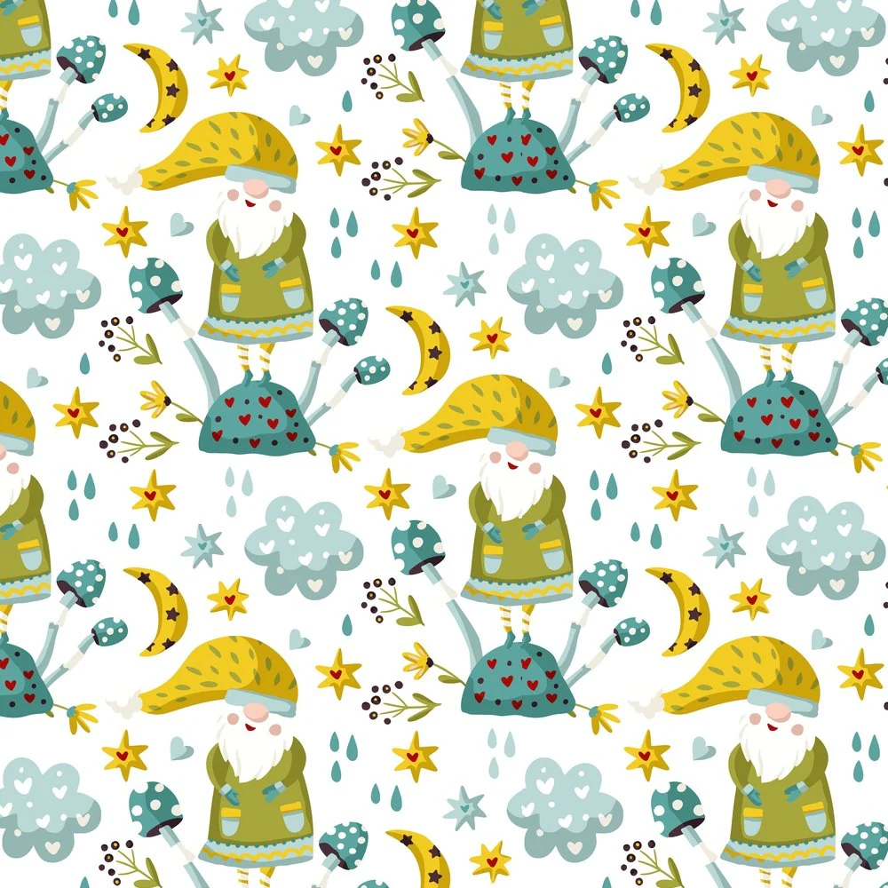Holiday Gnomes, Moon & Raindrops Fabric - Yellow