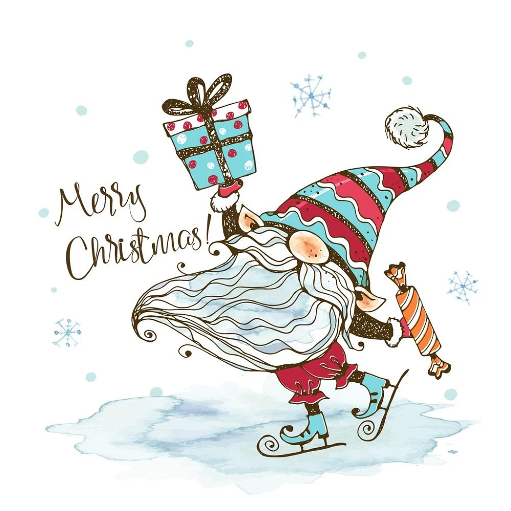 Ice Skating Nordic Gnome With Present Fabric Panel