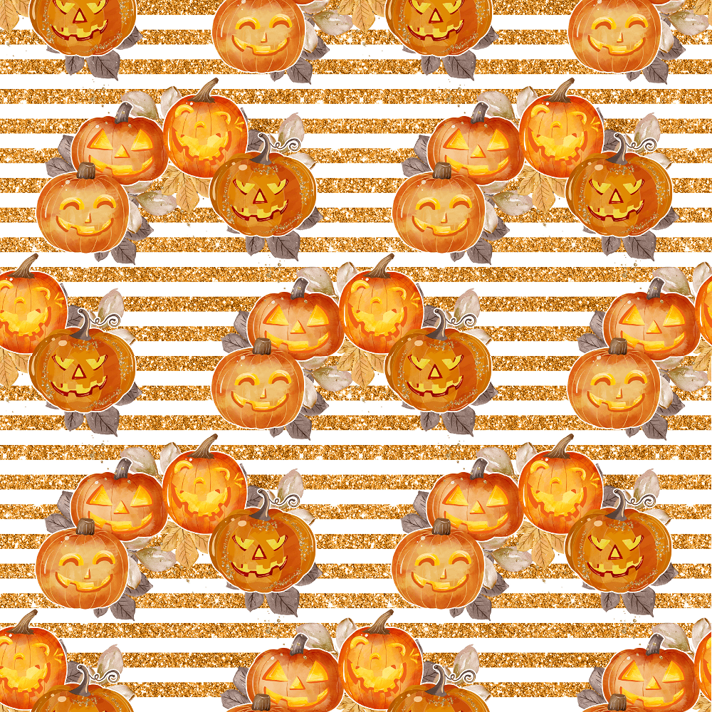Jack-O-Lanterns on Horizontal Stripes Fabric - Orange