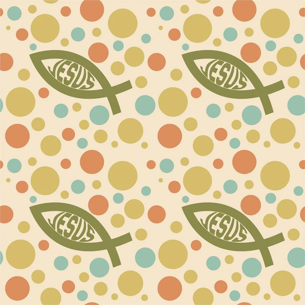 Jesus Fish & Bubbles Fabric - Tan