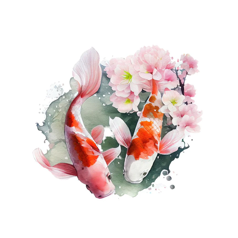 Koi Carp Fish Cherry Blossom #1 Fabric Panel