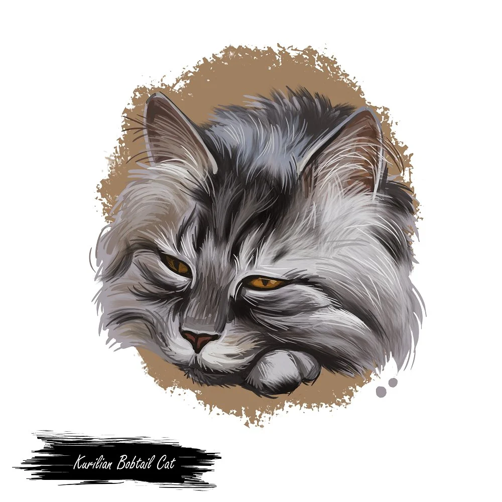 Kurilian Bobtail Cat Portrait Fabric Panel