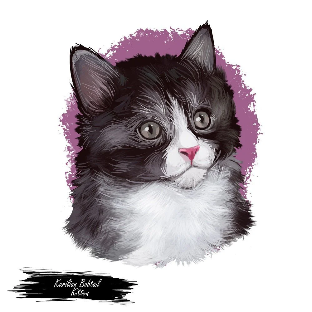 Kurilian Bobtail Kitten Portrait Fabric Panel
