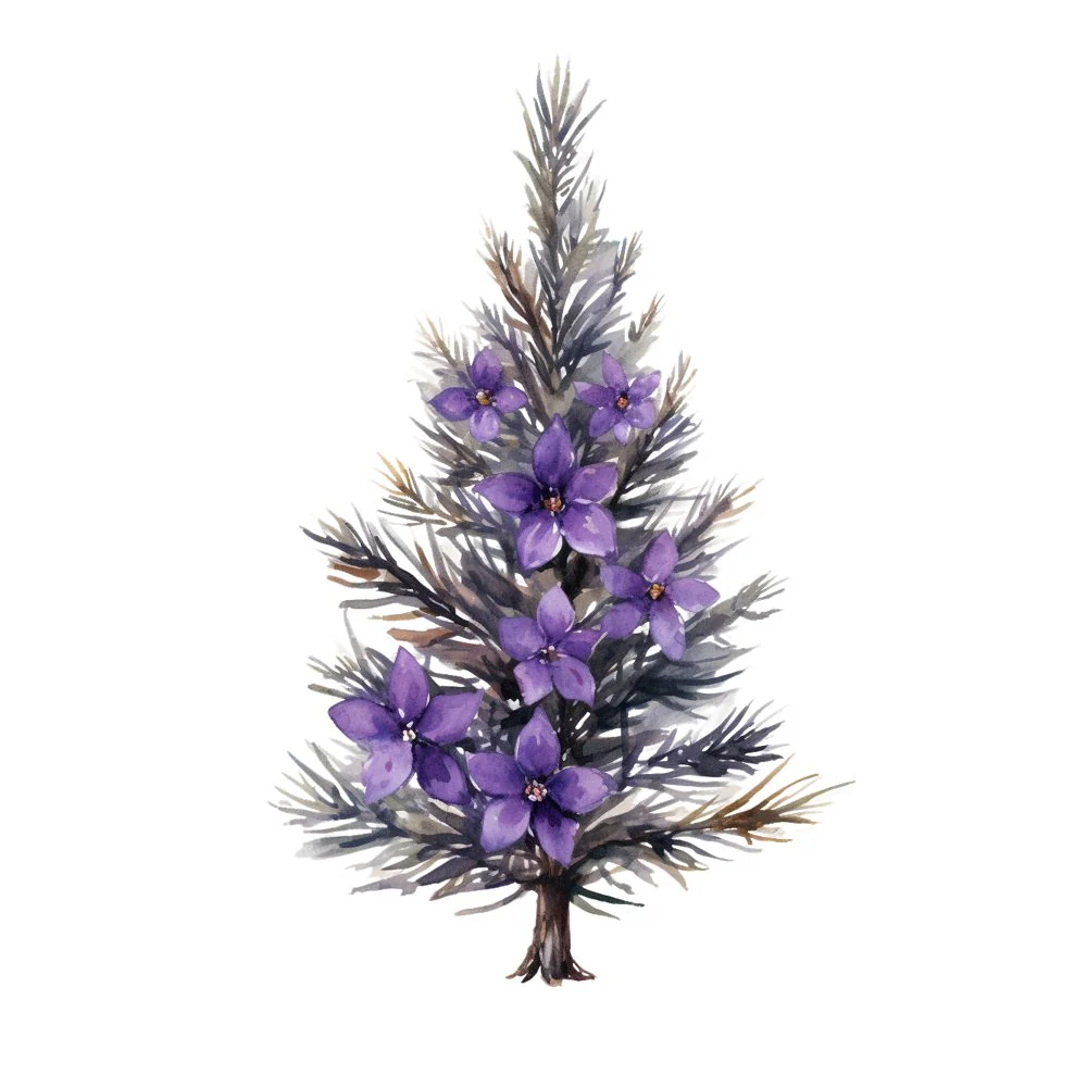 Lavender Christmas Tree & Flowers #1 Fabric Panel