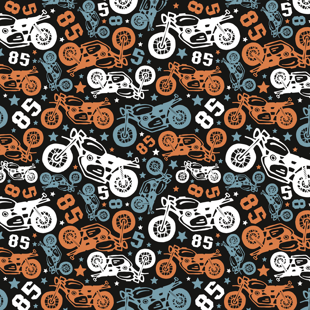 Let's Ride, Tossed Motorcycles Fabric - Black