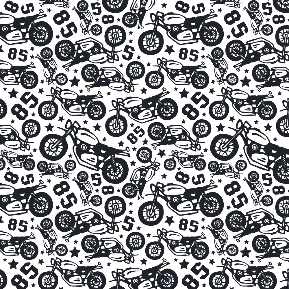Let's Ride, Tossed Motorcycles Fabric - White
