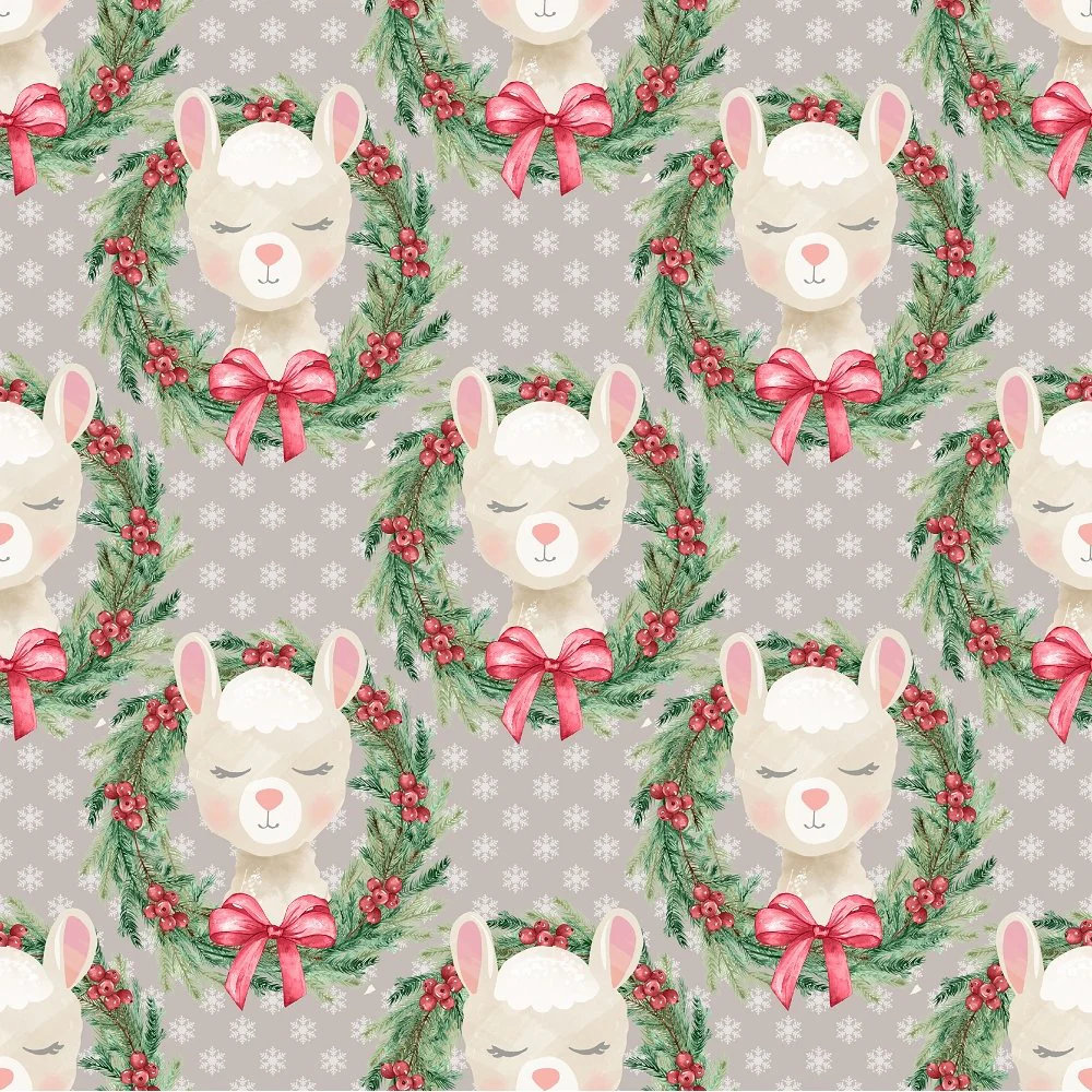 Llama Wreaths on Snowflake Fabric - Grey