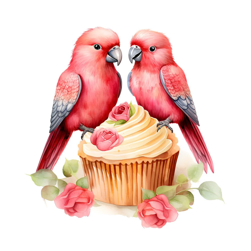 Love Birds On Cupcake Fabric Panel
