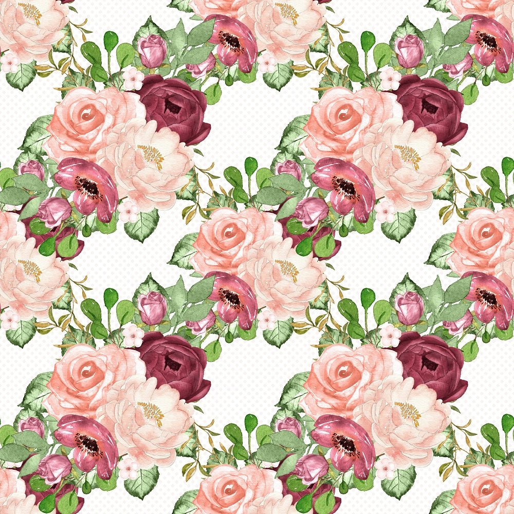 Marsala Bouquets on Dots Fabric - White