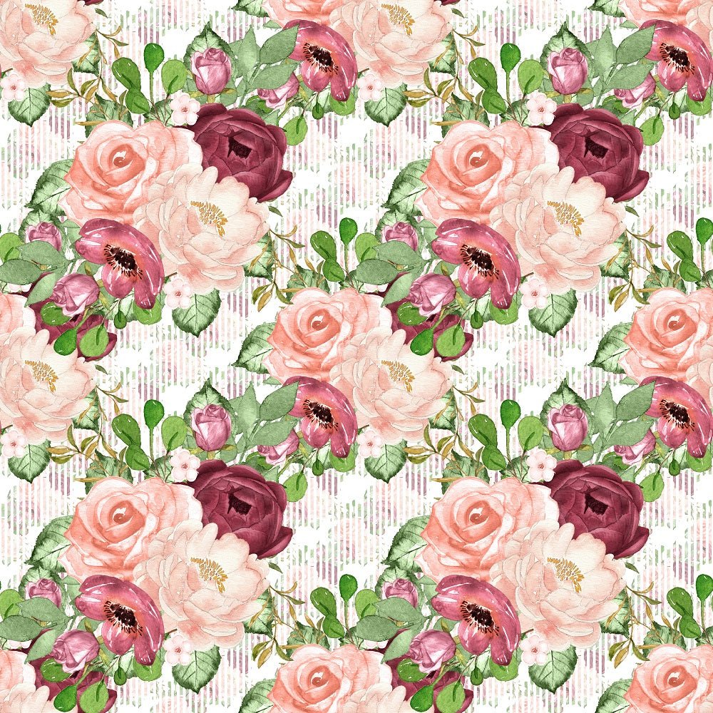 Marsala Bouquets on Stripes Fabric