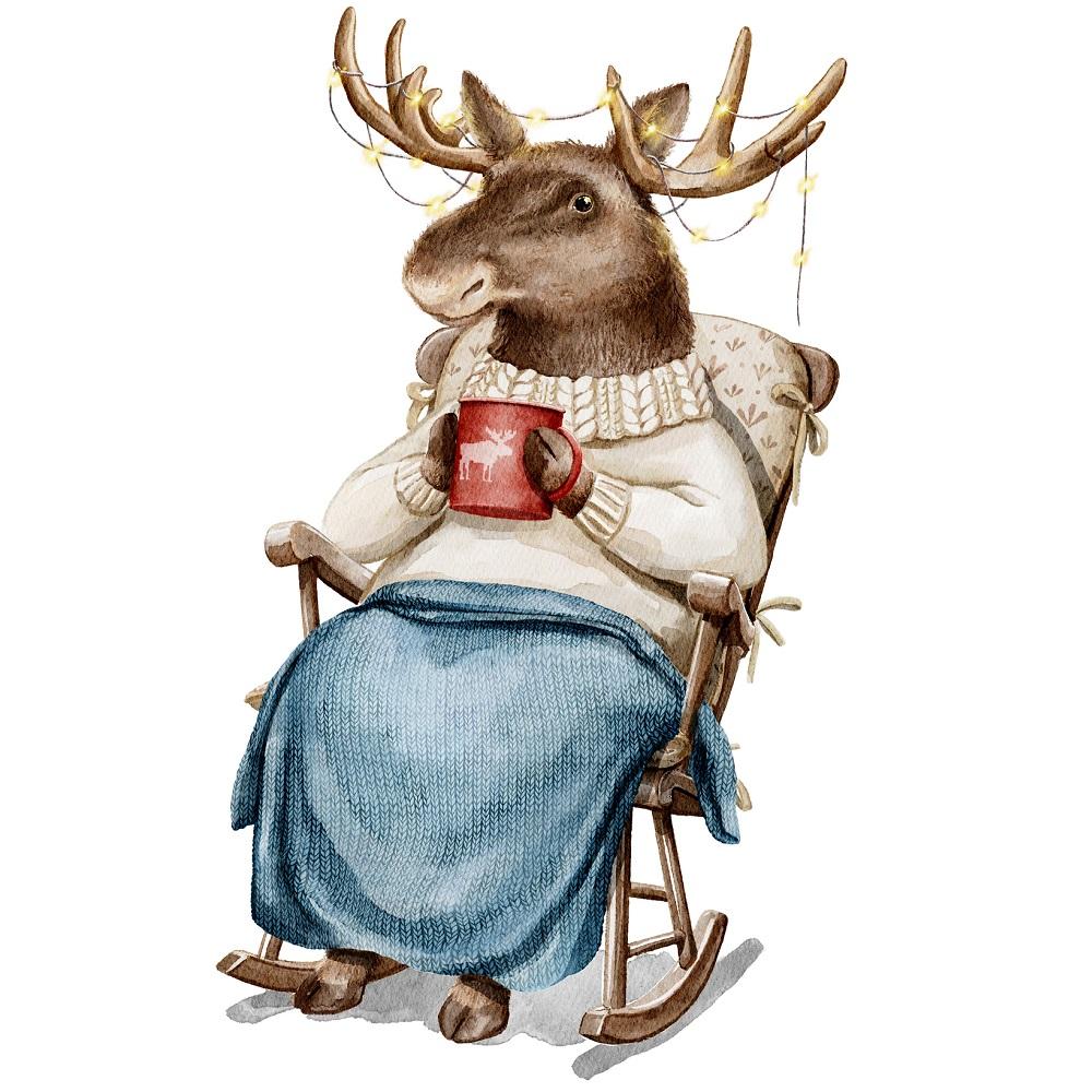 Moose Sipping Hot Cocoa Fabric Panel