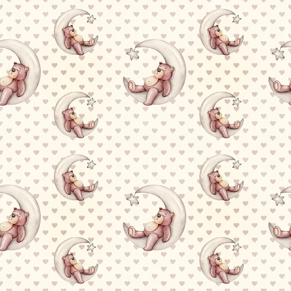 Nursery Bear Sleeping Moon on Hearts Fabric