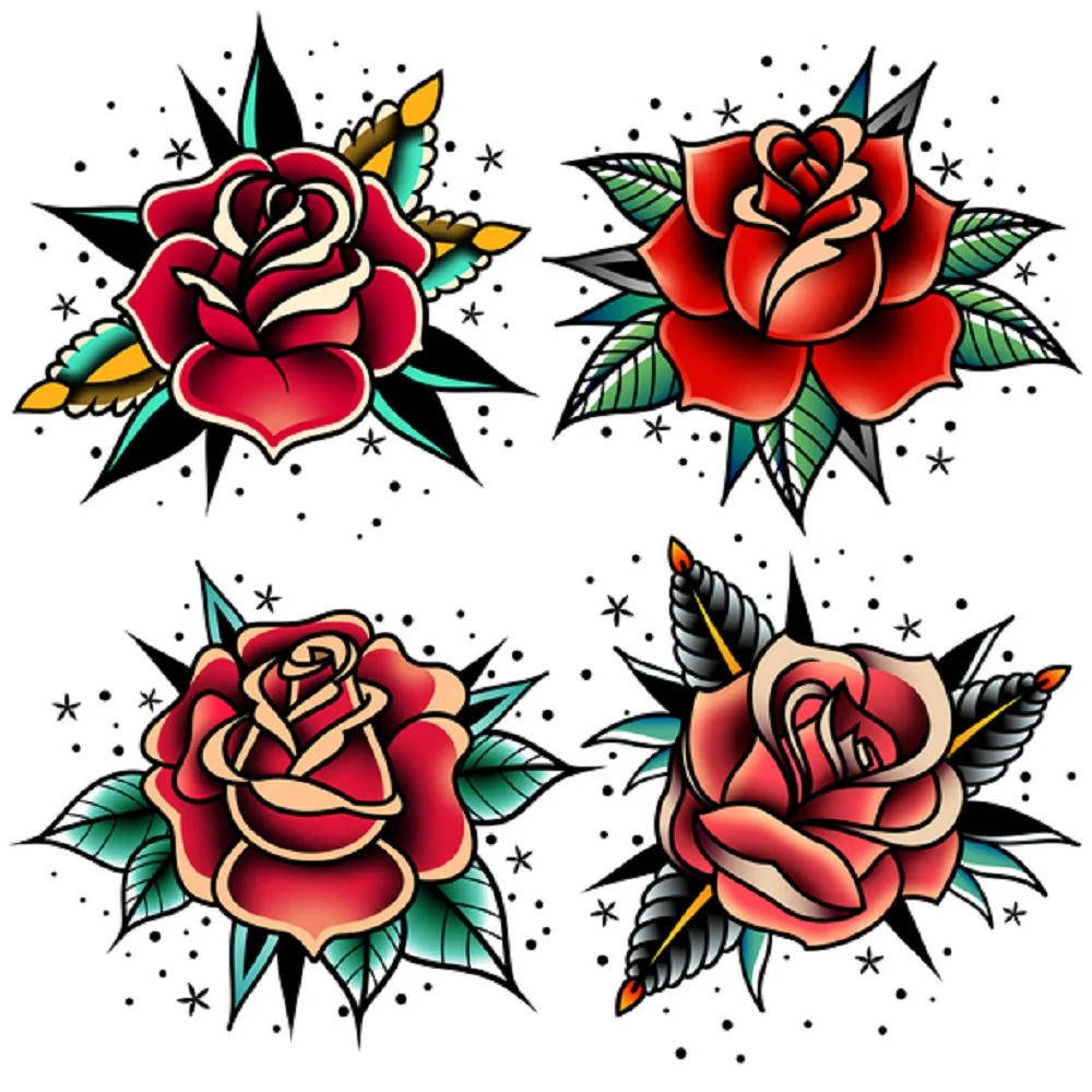 Old School Tattoo Roses Fabric Panel - White