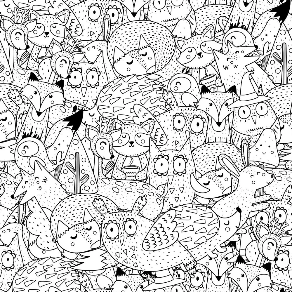 Packed Cartoon Forest Animals Fabric - Black/White