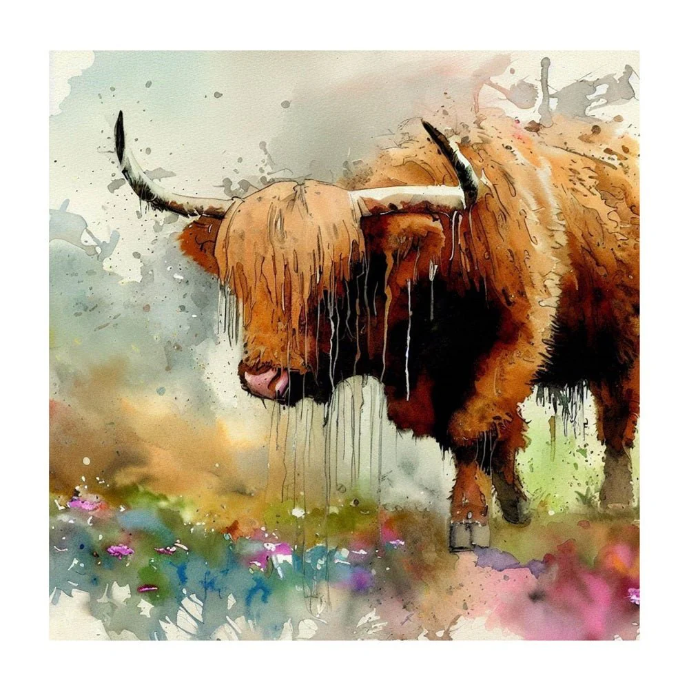 Paint Drip Highland Cow #5 Fabric Panel