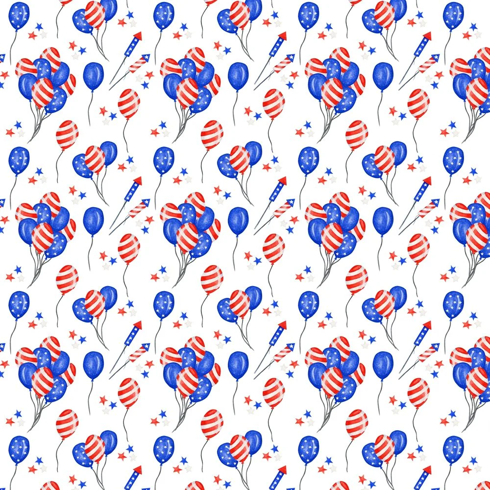 Patriotic Balloons & Fireworks Fabric - White
