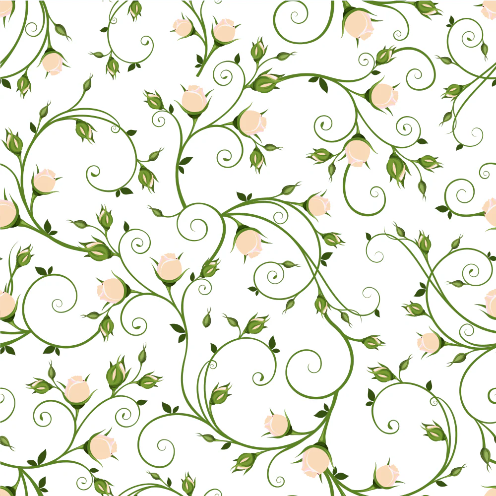 Peach Rosebuds on Vines Fabric - White